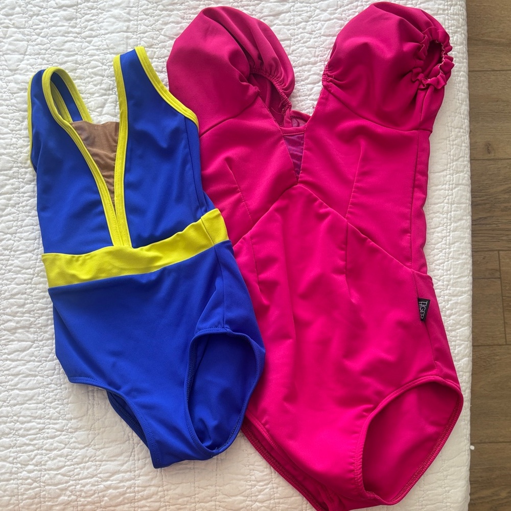 Bright Hot Pink & Royal Blue Yellow-Trim Child Dance Leotard from Tiger Friday